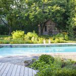 garden and swimming pool in backyard