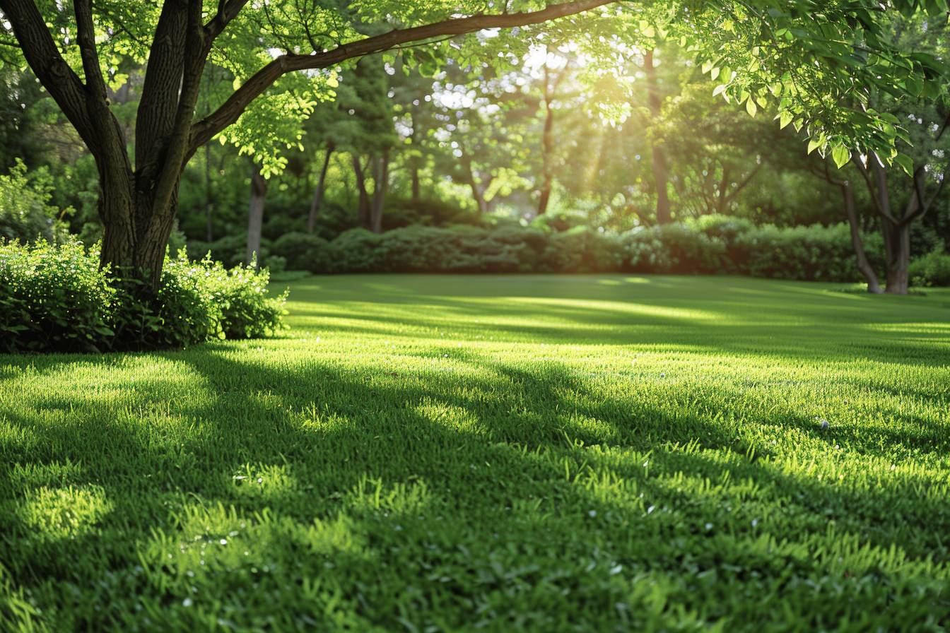 pelouse luxuriante et verte sous un ciel ensoleillé  
jardin bien entretenu avec herbe éclatante et saine